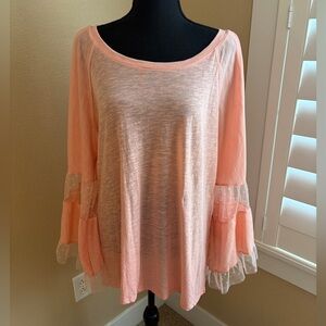 Umgee Lacy Peach Top Blouse Size Medium Polka Dot Cottagecore Whimsical E9